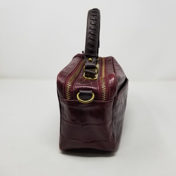 Badgley Mischka Dark Burgundy Red Faux Croc Embossed Leather & Brown Handbag - Picture 3 of 16